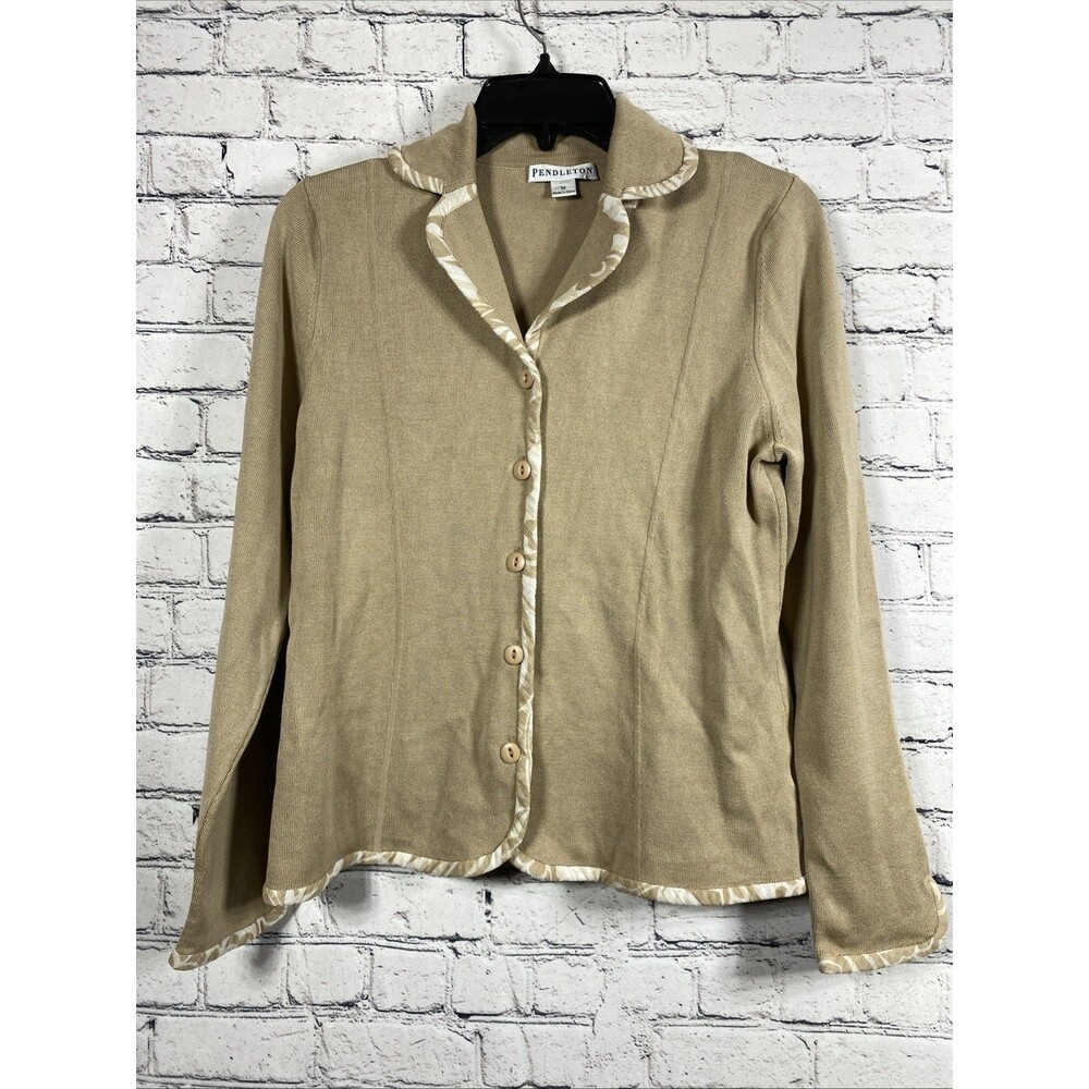 Pendleton Women Silk Blend Cardigan Jacket Ruffle Trim Tan Beige Size M